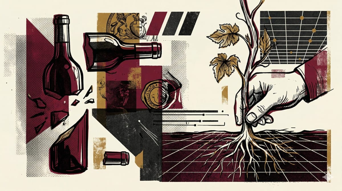 Brutalist collage illustration: shattered red wine bottles on the left, a hand planting a young vine with roots on the right