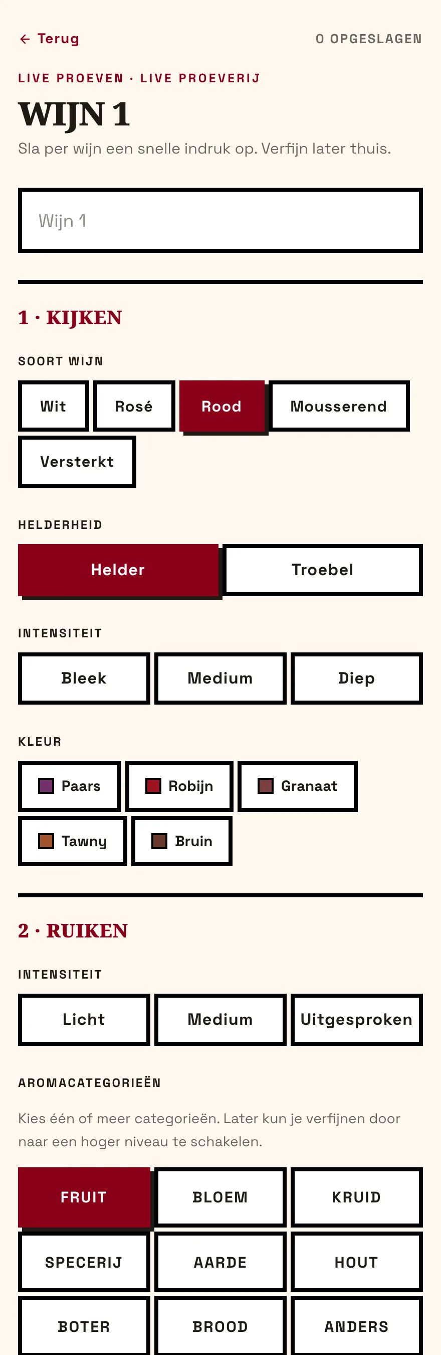 Live mode: one tap-based card per wine, in the order look, smell, taste