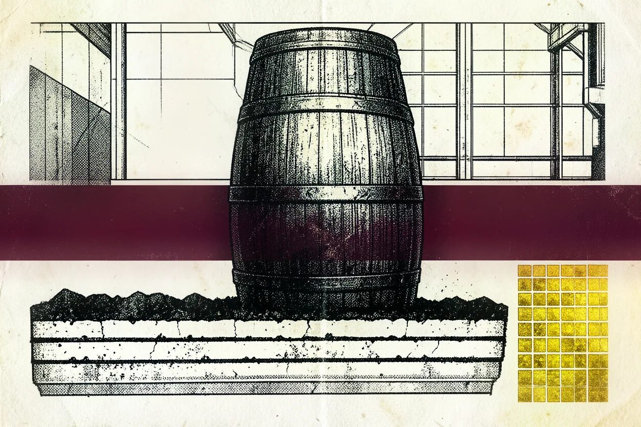 Brutalistische illustratie van een sherryvat, doorsneden door een horizontale wijnrode band, met daaronder een doorsnede van witte albariza-bodem