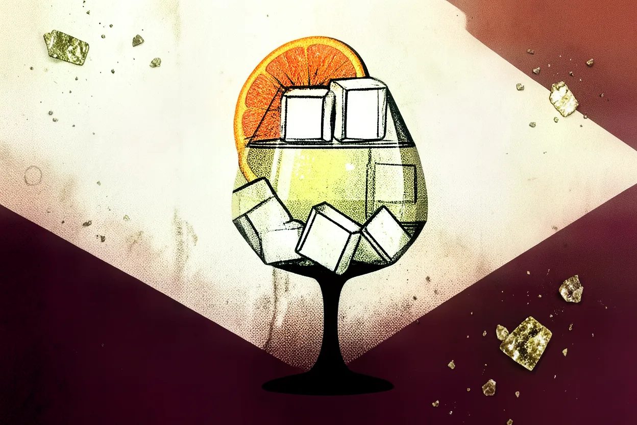 Sherry spritz recipe: glass of fino spritz with ice and lemon on a summer table