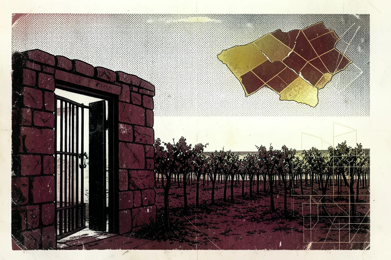Brutalistische illustratie van een open smeedijzeren poort in een bordeauxrode muur, met daarachter rijen wijnstokken en een gebarsten gouden perceelkaart in de lucht.