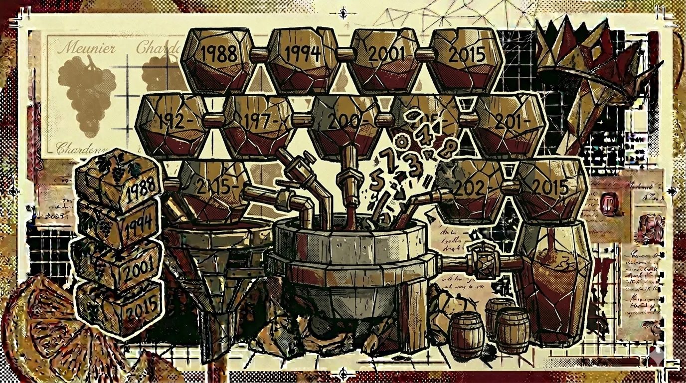 Solera-like stack of vessels feeding into a central blending vat with vintage year fragments, brutalist composition
