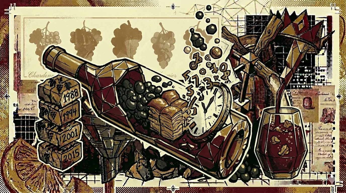 Cross-section of a champagne bottle on its side with yeast cells breaking down into texture, brutalist composition