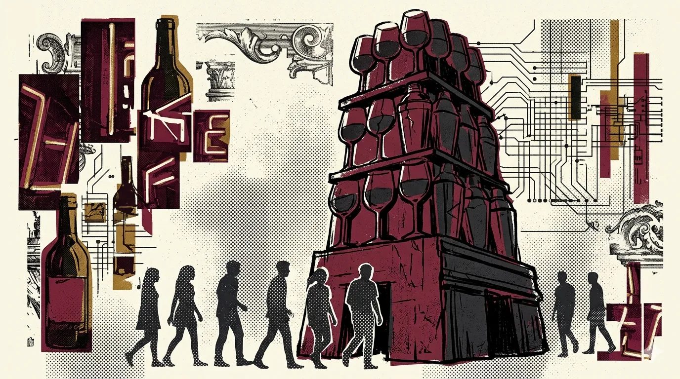 Brutalist tower of stacked wine glasses and broken cocktail shakers with halftone silhouettes