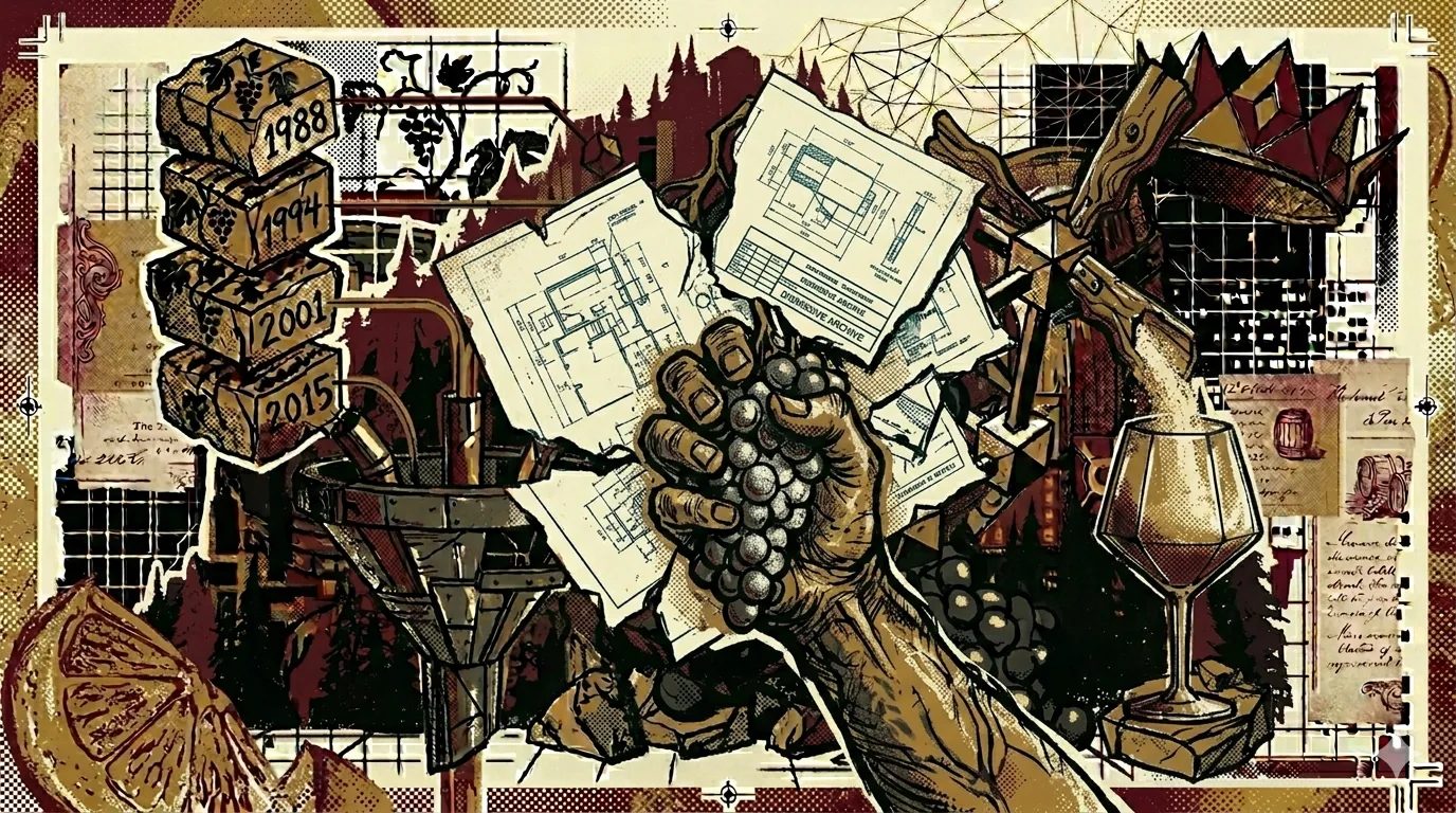 Peasant hand reclaiming a Meunier cluster from torn dismissive blueprints, mill blade rotating into a wine glass, brutalist composition