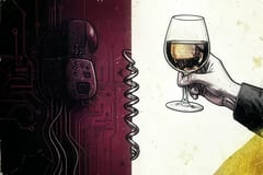 Brutalistische illustratie van AI in de horeca: een robottelefoon tegenover een hand die wijn schenkt