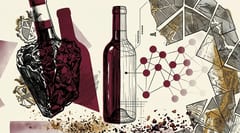 Brutalist illustratie: een massieve wijnfles half als zware vorm, half als wireframe, boven een gedeeltelijk gevuld supply-chain-netwerk en een gefragmenteerde Italiaanse vineyard-kaart
