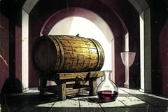 Brutalistische illustratie van een sherryvat en een garrafa in een oude bodega in Sanlúcar