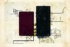 Brutalistische illustratie in oxblood en cream van twee gescheiden stapels, waarvan er een veel hoger is, verbonden door een dunne brug