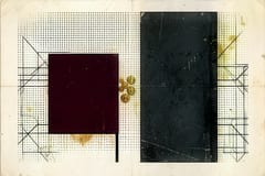 Brutalist illustration in oxblood and cream of two separate stacks, one far taller, joined by a thin bridge