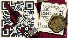Brutalistische illustratie van een wijnfles gesplitst door een QR-code-grid en EU-sterren