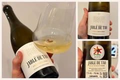 Fles Jable de Tao Blanco 2023 met een glas wijn, front- en backlabel in collage
