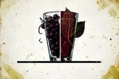 Brutalistische illustratie in deep burgundy en houtskool van een half gevuld glas dat splitst in twee helften, één met druiven en één met botanische vormen, over een halftoondot-patroon.