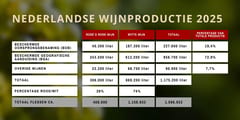 Datatabel van de Nederlandse wijnproductie 2025 met liters per kwaliteitscategorie en geschat aantal flessen, in donkergroen en bordeaux.