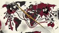 Brutalistische illustratie van een gefragmenteerde wereldkaart in deep burgundy en houtskool, met wijnflessen die uit verschillende continenten oprijzen en een halftoondot-patroon over de oceanen.