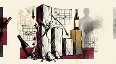 Brutalistische illustratie van een gefragmenteerde stenen staafgrafiek, één kolom stort in scherven terwijl een kleinere vergulde kolom met intacte wijnfles oprijst, metafoor voor wijnmarkt 2026.