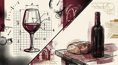 Illustratie van een proefglas met meetlijnen naast een wijnfles op tafel