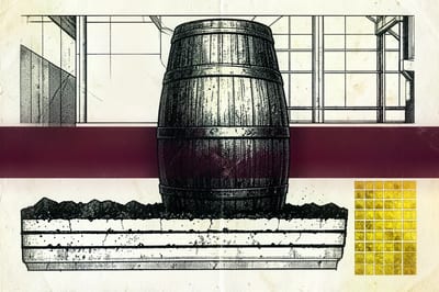 Brutalist illustration of a sherry cask cut across by a horizontal burgundy band, with a cross-section of white albariza soil beneath