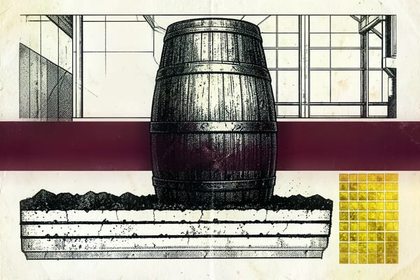 Brutalistische illustratie van een sherryvat, doorsneden door een horizontale wijnrode band, met daaronder een doorsnede van witte albariza-bodem