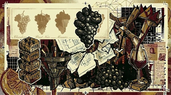 Four faded grape silhouettes in sepia behind a single dominant cluster, brutalist composition