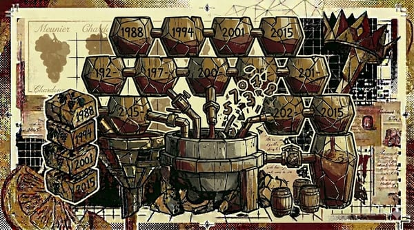 Solera-like stack of vessels feeding into a central blending vat with vintage year fragments, brutalist composition