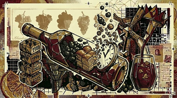 Cross-section of a champagne bottle on its side with yeast cells breaking down into texture, brutalist composition