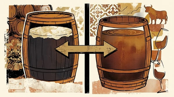 Editorial brutalist diptych: a pale straw Fino under a white yeast veil on the left, a mahogany Oloroso with halftone texture and oxidation grids on the right