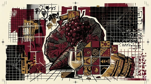 Dark grape cluster releasing clear juice into a chalice, brutalist composition