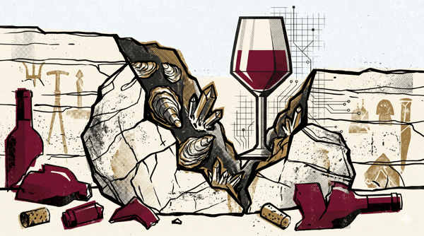 Lean white Chablis wine in a glass with chalky Kimmeridgian soil in the background