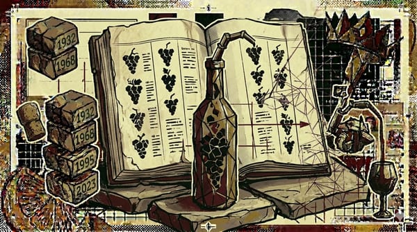 Open ledger with grape silhouettes and surveyor frames, brutalist composition