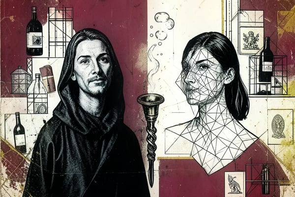 Diptych portrait of a classical maison monk and a contemporary vigneronne, brutalist collage