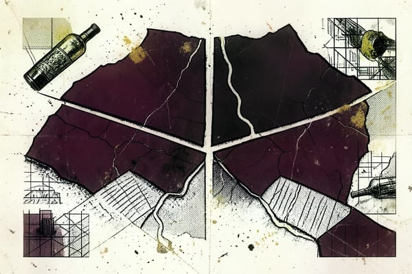 Map of Champagne with four subregions, chalk soils and vineyards, brutalist style