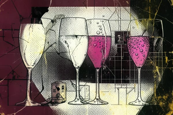 Eight Champagne bottles in a row from Brut Nature to Rosé, editorial brutalist style