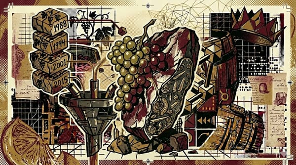 Grape cluster fused with a slab of belemnite chalk, fossils visible inside, brutalist composition