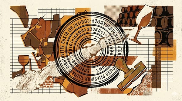 Editorial brutalist illustration of a Consejo Regulador seal: a fragmented triangle of chalk-white albariza stone, cut by a numbered back-label band, with silhouettes of solera barrels at the corners