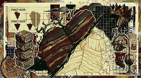 Kimmeridgian limestone tilted at thirty degrees with Pinot Noir vineyards, brutalist composition