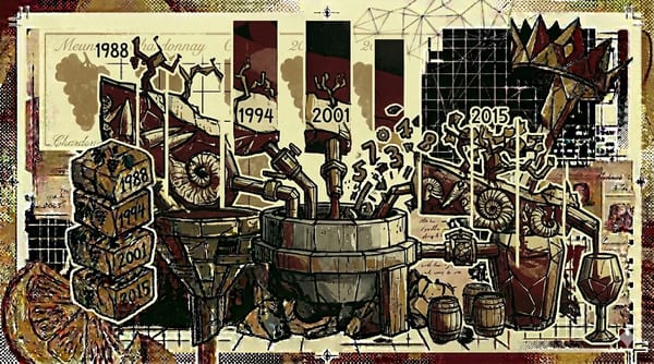 Vineyards of the Côte des Blancs on chalk soil, brutalist landscape composition