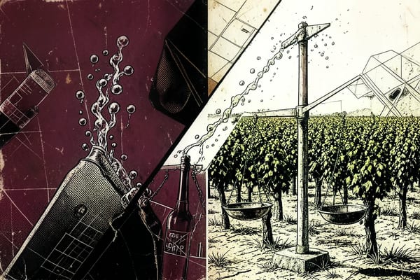 Crémant and Champagne compared: two vineyard slopes split by a scale motif, brutalist style