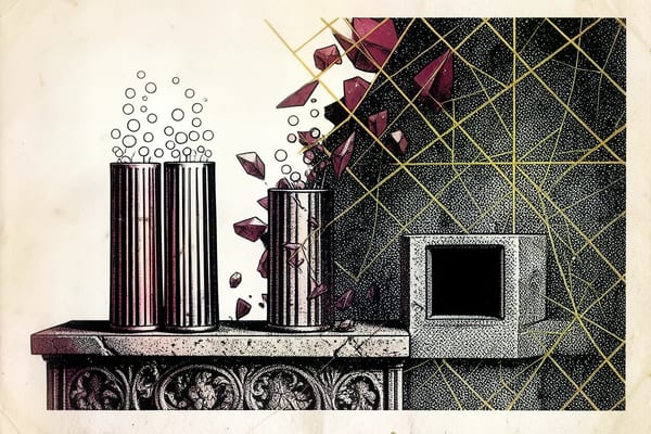 Brutalist illustration of three column-shaped glasses with rising bubbles on a stone plinth, next to an empty fourth recess