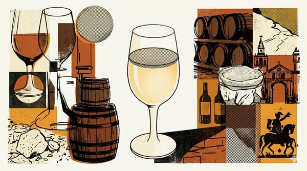 Editorial brutalist illustration of a copita with fino sherry and a white flor disc as a geometric fragment, in burgundy red, cream and oxidised gold