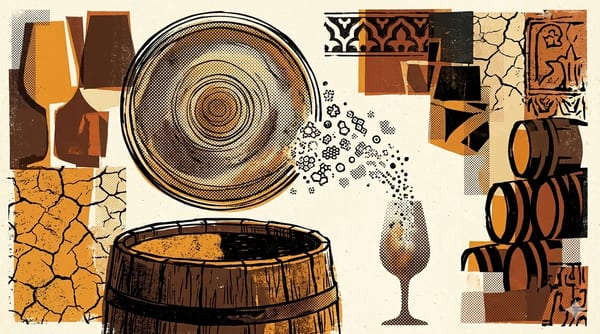 Editorial brutalist illustration of a white yeast layer on sherry inside an American oak butt, fragments and geometric shapes in burgundy and cream