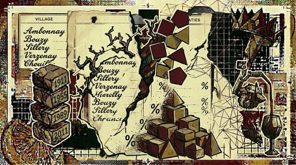 1911 échelle des crus ledger torn down the middle, village names fragmenting into a hierarchical pyramid, brutalist composition