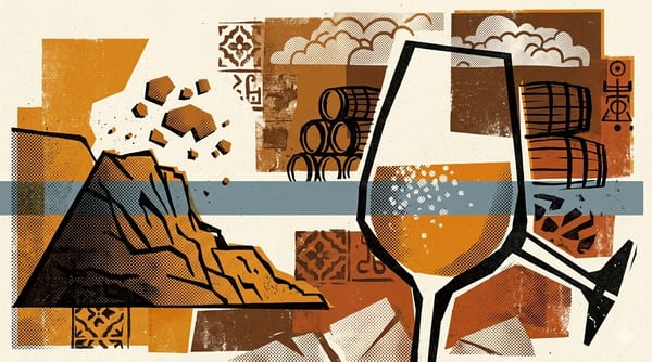 Editorial brutalist illustration of a glass of Manzanilla on a broken sea wall, chamomile blossom and salt crystals in burgundy, cream and oxidising gold