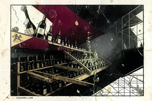 Cellar cross-section with bottles in pupitres, brutalist illustration
