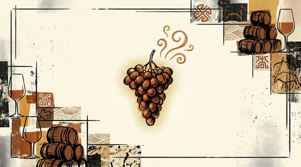 Editorial brutalist illustration of a Moscatel grape cluster above sandy arenas soil, with an Atlantic horizon and fragmented sherry barrels in burgundy, cream and oxidised gold