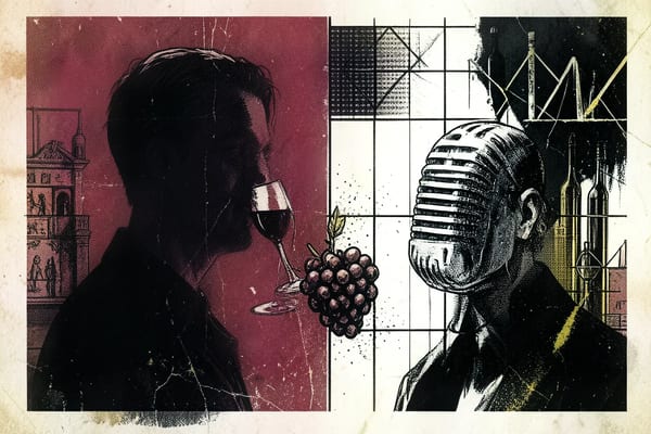 Diptych portrait of a wine journalist and podcast host, editorial brutalist style