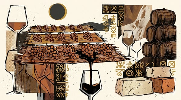 Editorial brutalist illustration of Pedro Ximénez grapes drying on esparto mats under the Andalusian sun