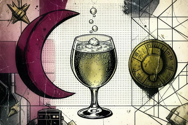 Glass of cloudy pét-nat with rising bubbles, ancestral method, brutalist style