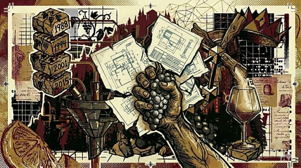 Peasant hand reclaiming a Meunier cluster from torn dismissive blueprints, mill blade rotating into a wine glass, brutalist composition