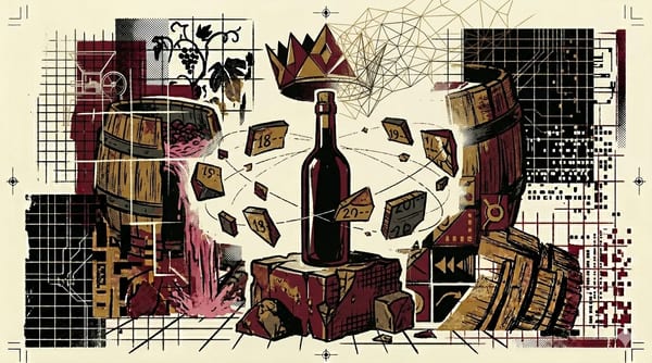 Brutalist chalk plinth holding a single bottle silhouette with orbiting vintage years, brutalist composition